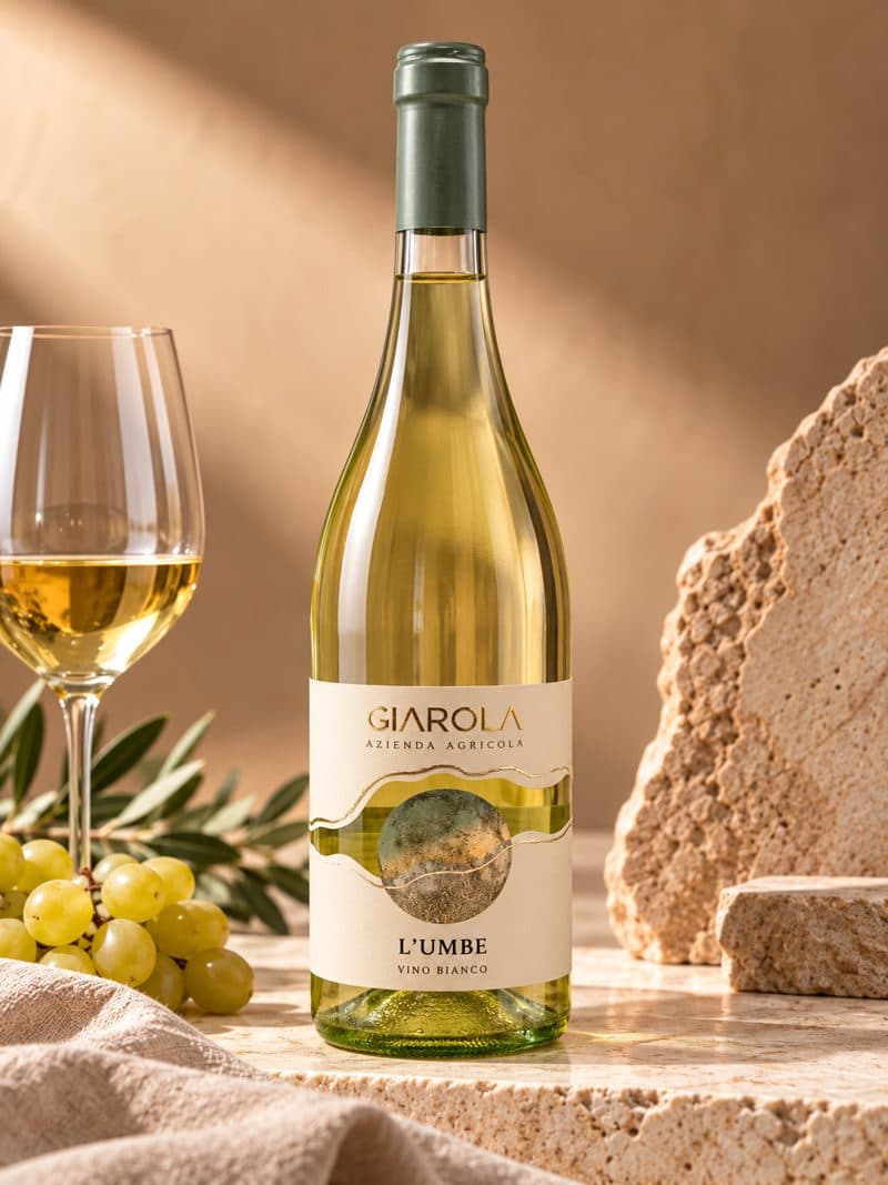 Flasche Giarola L'Umbe Bianco mit Weißweinglas